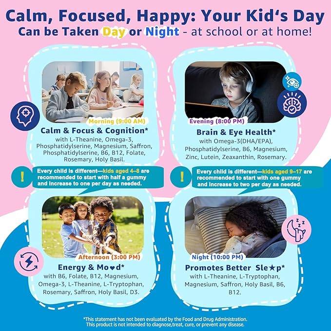 Saffron +Magnesium Glycinate +Omega-3 - Calm Focus Gummies for Kids 4+ Saffron Extract Supplement with L-Theanine Holy Basil Rosemary B6 D3 for Happy Mood Cognition ZZz Sugar Free 2 Pack