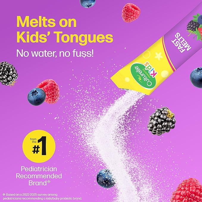Culturelle® Kids Complete Probiotics Fast Melts Mixed Berry Flavor 30 Count Sugar Free‡ Prebiotic + Probiotic Powder for Digestive and Immune Health Supports Daily Regularity *