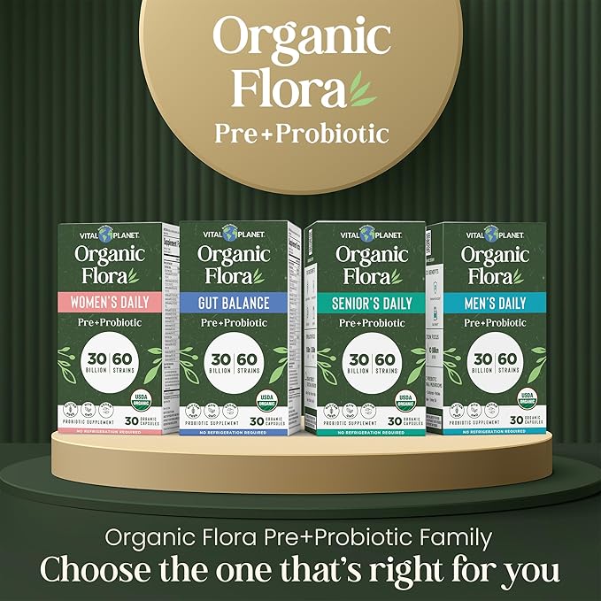 Vital Planet - Organic Flora Probiotics for Gut Balance Shelf Stable Probiotic 30 Billion CFU 60 Diverse Strains Prebiotic Organic Mushroom Blend for Immune Support and Digestive Health 30 Capsules