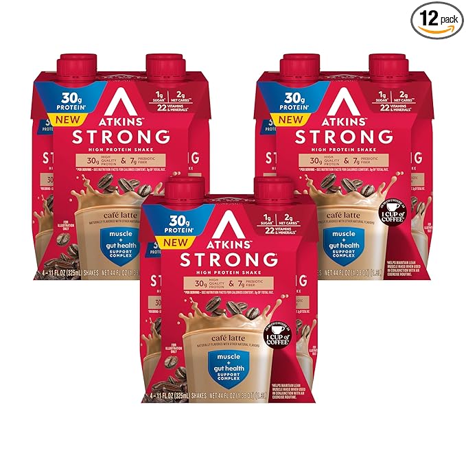 Atkins Strong High Protein Shake Café Latte Flavored 30g Protein 7g Prebiotic Fiber Muscle and Gut Health Support GLP-1 Support Low Carb Coffee Protein Shake Keto Friendly 12 Count