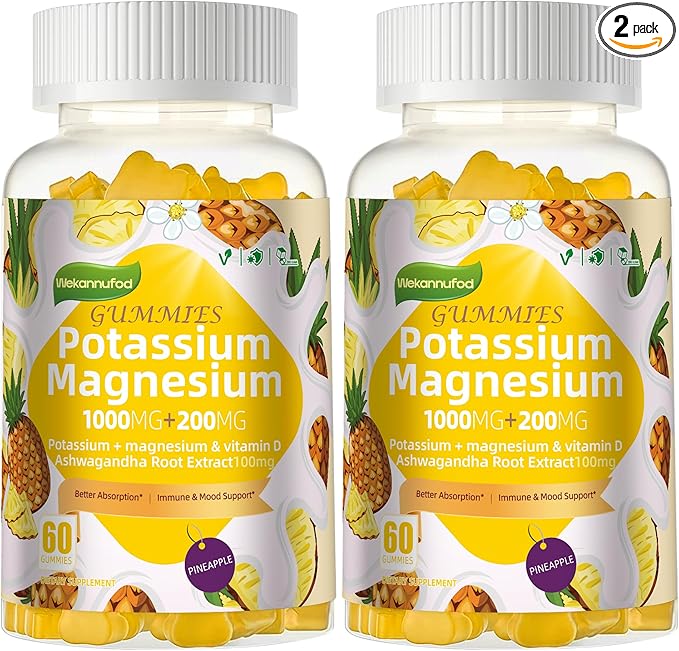 Potassium Magnesium GummiesHigh Absorption Magnesium GlycinateB6D3Potassium Citrate for Leg CrampsMuscleElectroyte for Adults KidsSugar-Free 120 Gummies (Pineapple)