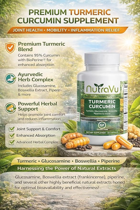 Turmeric 95% Curcumin w/Bioperine - 60 Capsules - Gluten Free - Contains Glucosamine Ginger Boswellia MSM