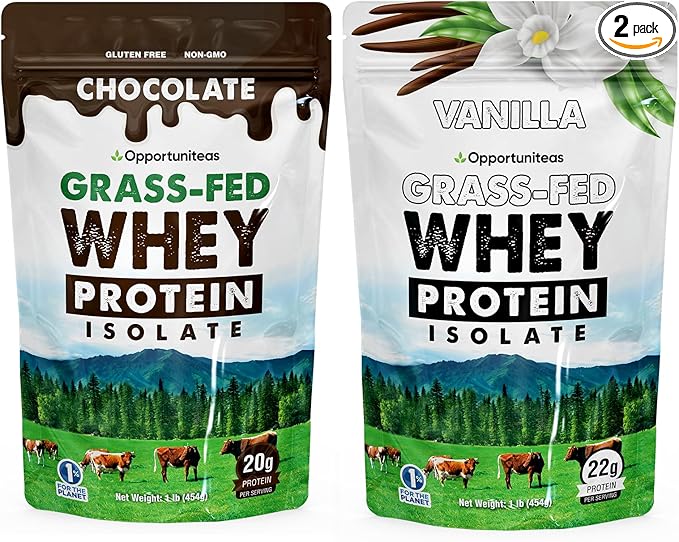 Opportuniteas Grass Fed Chocolate &amp Vanilla Whey Protein Isolate Powder - Protein Powder Without Artificial Sweeteners Hormone-Free Cows Non GMO - 2X 1lb Bundle