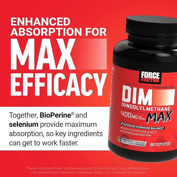 Force Factor DIM Max DIM Supplement 400mg Estrogen Balance for Women &amp Men Extra Strength for Hormonal Acne Metabolism Menopause PCOS Diindolylmethane Superior Absorption 60 Capsules