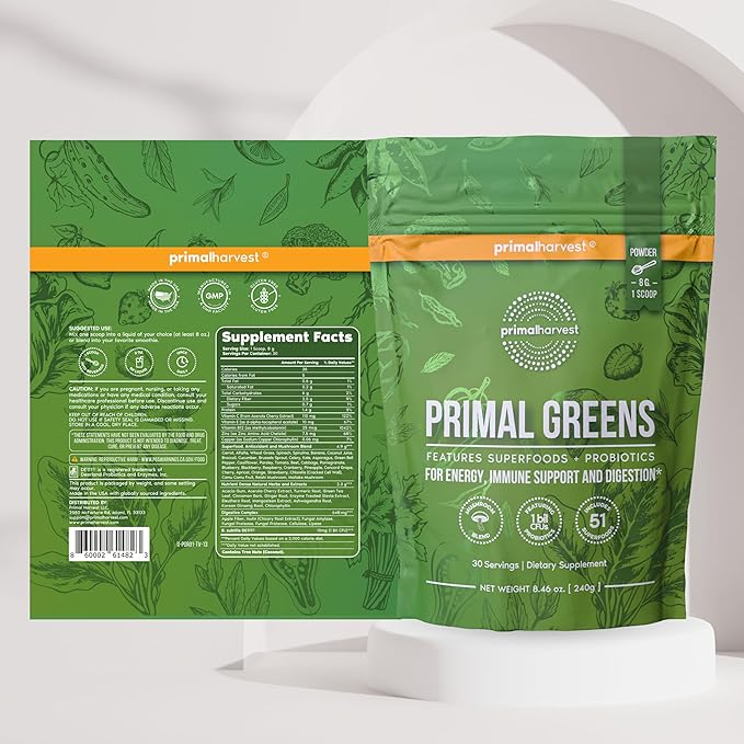 Primal Harvest Super Greens &amp Multi Collagen Capsules Supplements for Women and Men - Superfood Greens Powder and Multi Collagen Peptides Capsules for Hair Skin and Nails Bundle