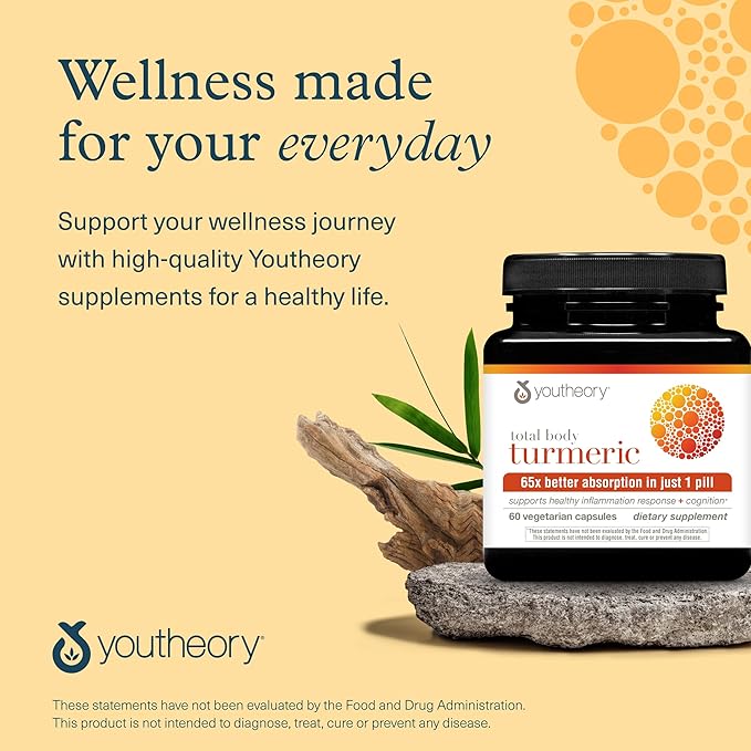 Youtheory Total Body Turmeric Vegetarian Capsules 30 Count Supports Healthy Inflammation Response and Cognition