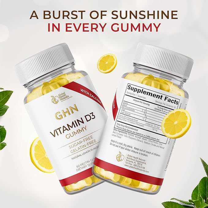 Sugar Free Vitamin D3 Gummies for Adults - Vegan Pectin-Based Gummy Vitamin D - 1000 IU Natural Lemon Flavor - Gluten Free Dairy Free Soy Free Daily D3 Gummies for Women &amp Men - 60 Count