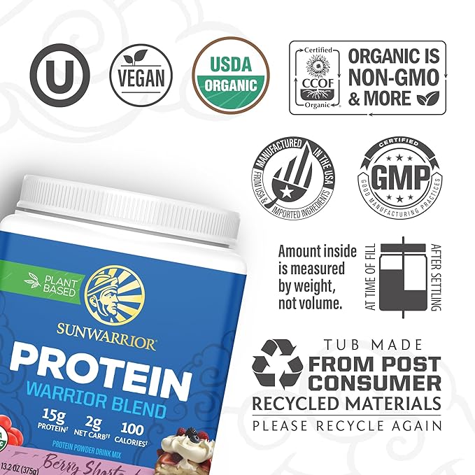 Sunwarrior - Warrior Blend Plant Based Raw Vegan Protein Powder with Peas &amp Hemp Berry 13.2 Ounce (Pack of 1)
