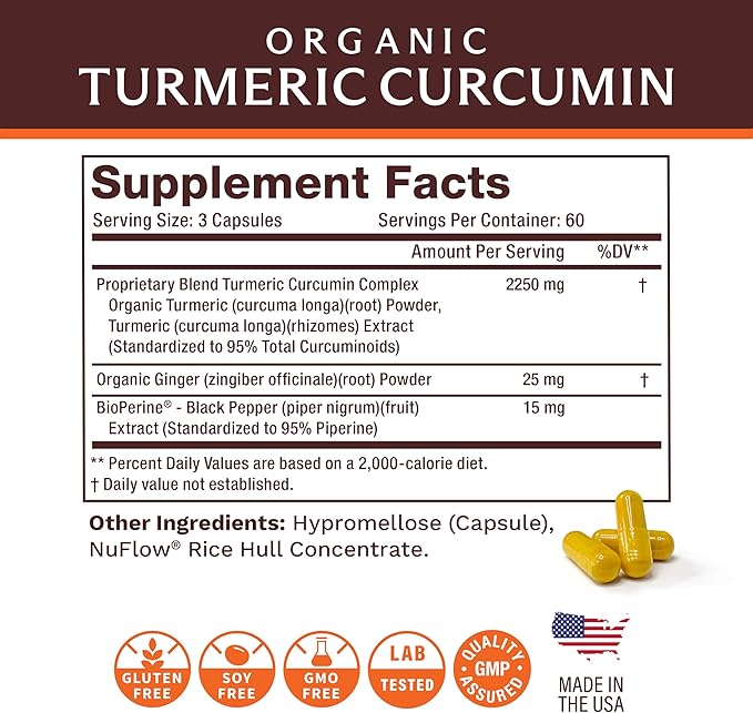 Life's Fortune Organic Turmeric Curcumin with Black Pepper and Ginger Enhanced Absorption Extra Strength Supplement Joint &amp Immune Support Non-GMO 180 Cap - 2250mg