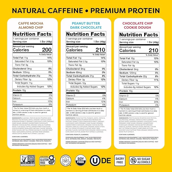 Quantum Energy Square - Peanut Butter Dark Chocolate Chocolate Chip Cookie Dough Caffe Mocha Almond Chip - Variety 12-Pack - 4 Bars Each