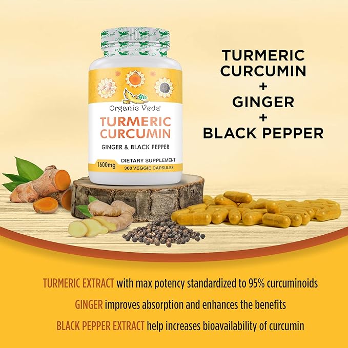 Organic Veda Turmeric and Ginger Capsules 300 Pills - Organic Turmeric Curcumin with Black Pepper for Joint Support - Non GMO Gluten Free Turmeric and Ginger Supplement (95% curcuminoids)