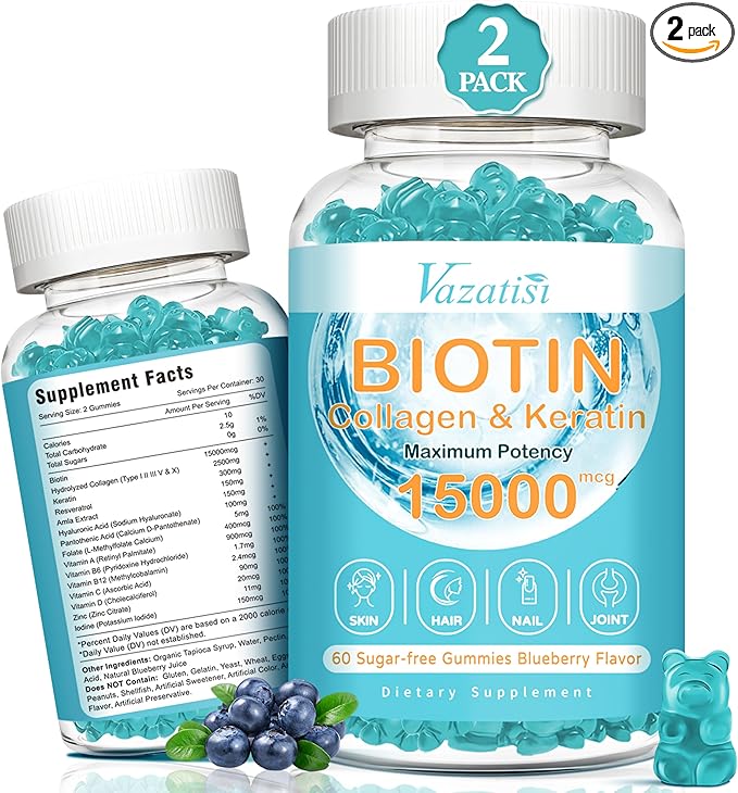 Biotin with Collagen Gummies Hair Skin and Nails Vitamins Gummies for Hair Growth Glowing Skin &amp Strong Nails - Blueberry Flavor Sugar Free 120 Count