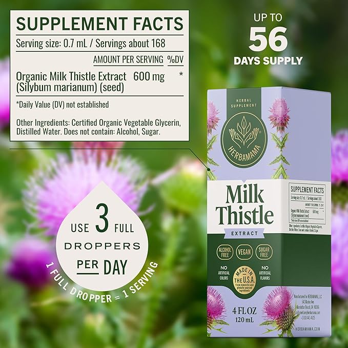 HERBAMAMA Milk Thistle Supplement - Vegan Liver Support with Milk Thistle Extract Tincture - Non-GMO Alcohol &amp Sugar-Free Liquid Silymarin Liver Detox Drops 56-Day Supply