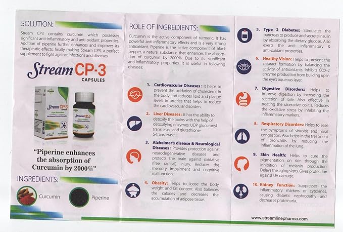Streamline Stream CP-3 Curcumin Capsules with Piperine | Antioxidant &amp Anti-inflammatory Properties | Ayurvedic Bone &amp Joint Support | Overall Wellness | Curcumin 400Mg | 30 Veg Capsules | Pac