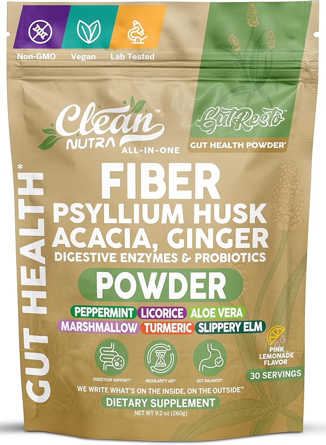 GutResto Fiber Supplement Psyllium Husk Powder Ginger Digestive Enzymes Probiotic Peppermint Licorice Aloe Vera Marshmallow Root Turmeric Supplement Slippery Elm Gut Health Prebiotics By Clean Nutra