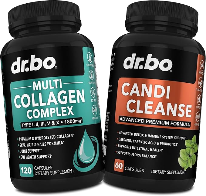 Multi Collagen Peptides &amp Candida Cleanse - Type I II III V &amp X Multi Collagen Skin Hair &amp Nails - Extra Strength Probiotic Complex Cleanser Natural Oral Herbal Oregano &amp Capryl