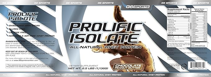 G6 Sports Nutrition Prolific Isolate All Natural Whey Protein Isolate (Gluten Free Lactose Free Soy Free Stevia Sweetened 25g Protein 100 Calories) – 2.5lb Jar – Chocolate Peanut Butter