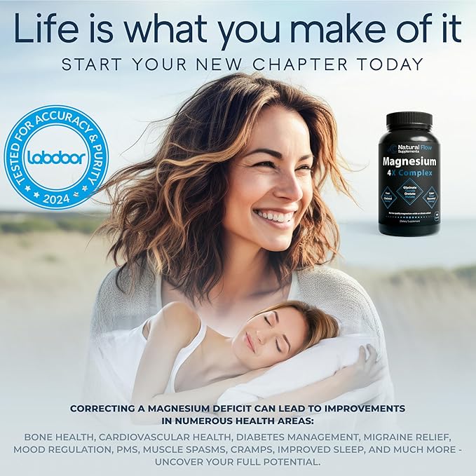 Natural Flow 4X Magnesium Supplement Magnesium Glycinate Taurate Malate Orotate Complex Calm Sleep and Cramp Support Blend No Mag Citrate or Oxide 120 Capsules
