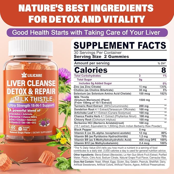 Milk Thistle Liver Detox Gummies 18-IN-1 Liver Cleanse Detox &amp Repair Supplement with Berberine Chicory Root Turmeric Artichoke Dandelion Root Chanca Piedra Vitamins B6 B12-Sugar FreePack