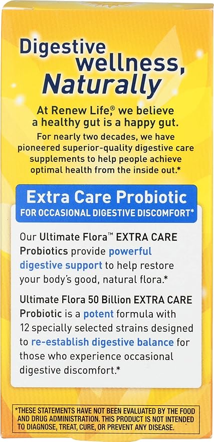 Renew Life Extra Care Digestive Probiotic Capsules 50 Billion CFU Guaranteed Daily Supplement Supports Immune Digestive Respiratory Health(1) L. Rhamnosus GG Dairy Soy and Gluten-Free 30 Count