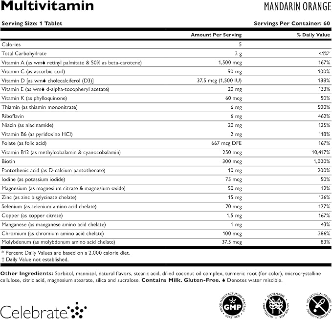 Celebrate Vitamins Bariatric Multivitamin Chewable Iron Free - Post Gastric Bypass &amp Sleeve Gastrectomy Supplement for Men &amp Women - Essential Minerals &amp Vitamin A B D &amp E - Orange