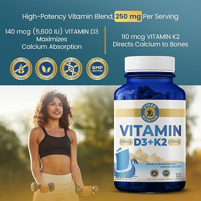 Vykee Nutrition Vitamin D3 K2 Complex - High Potency 140 mcg D3 Vitamin and 110mcg Vitamin K2 (MK-7) - Vegan Supplement for Bone and Heart Support Non-GMO Gluten-Free - 120 Count