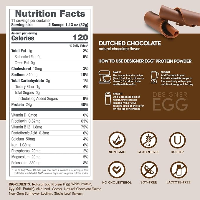 Designer Wellness Designer Egg Natural Egg Yolk &amp White Protein Powder Keto and Paleo Friendly Low Calorie Less Fat and Cholesterol Dutch Chocolate 12.4 Ounce