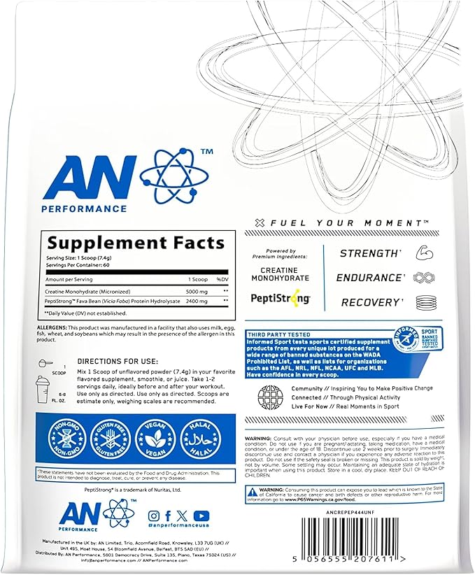 an Performance Creatine Monohydrate + Peptide | Micronized Powder | 5g Creatine 2.4g PeptiStrong | Vegan Gluten-Free Non-GMO | Workout Supplement for Men &amp Women | Unflavored | 60 Servings
