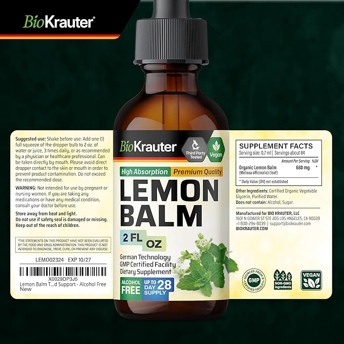 BIO KRAUTER® Lemon Balm Tincture 680 mg Melissa Officinalis - Pure Vegan Lemon Balm Extract 2 Fl.Oz 28 Days of Supply - Natural Calming &amp Sleep Support - Alcohol &amp Sugar Free - Digestion &amp