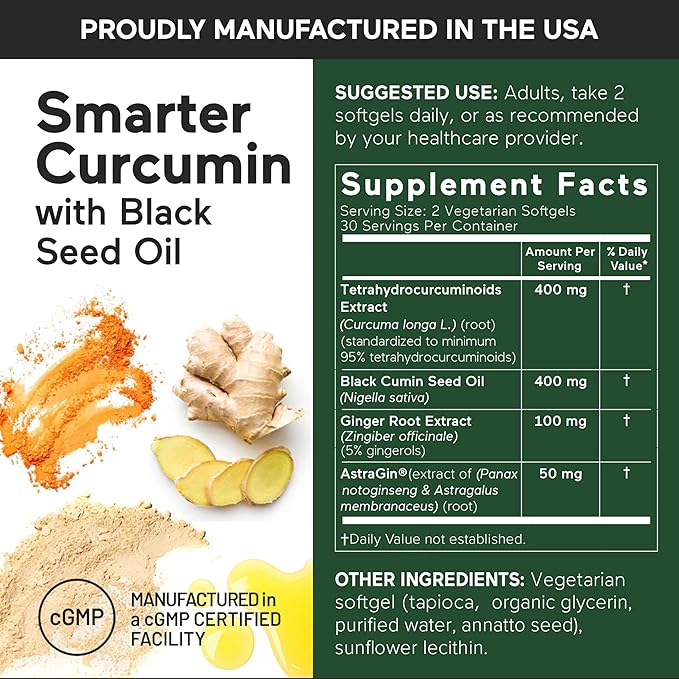 SMARTERNUTRITION Curcumin Softgels - Vegan High Absorption 400 mg Curcumin Supplement Standardized to 95% Tetrahydrocurcuminoids + Black Seed Oil &amp Ginger for Joint &amp Immune Health - 360 Ct