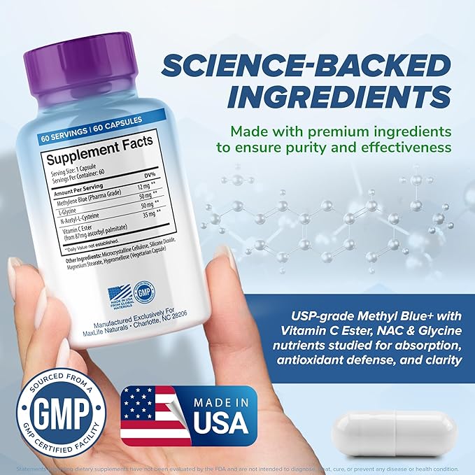 Pure Methylene Blue Capsules Ultimate Methylene Blue Supplement 12mg - 60 Capsules Pharmaceutical Grade with Vitamin C Ester &amp NAC Glycine Supports Cellular &amp Mitochondrial Function Made