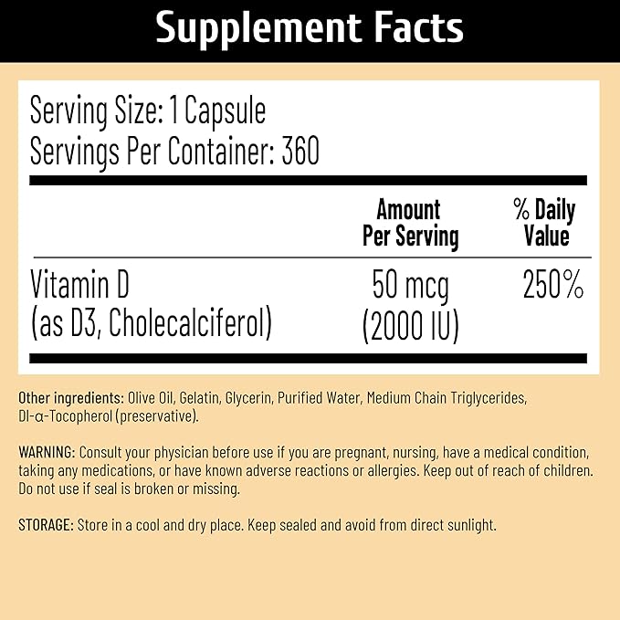 Vitamin D3 2000 IU (50 mcg) with USP-Grade Provitas® Vitamin D3 Dual Olive &amp MCT Oil for Enhanced Absorption Bone Muscle &amp Immune Support Non-GMO 360-Day Supply
