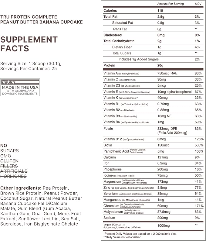 TRU Plant Based Protein Powder BCAA EAA 20g Vegan Brown Rice &amp Pea Protein 100 Calories 27 Vitamins No Artificial Flavors 25 Servings (Peanut Butter Banana Cupcake)