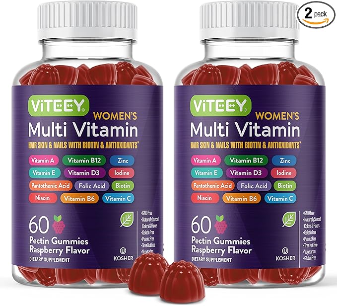 Viteey Womens Multivitamin Gummies - Immune Support - 12 in 1 Essential Vitamins &amp Minerals - Vitamin A C D3 E B6 B12 Folic Acid Biotin Calcium Zinc &amp More - Vegetarian - Raspberry Fl