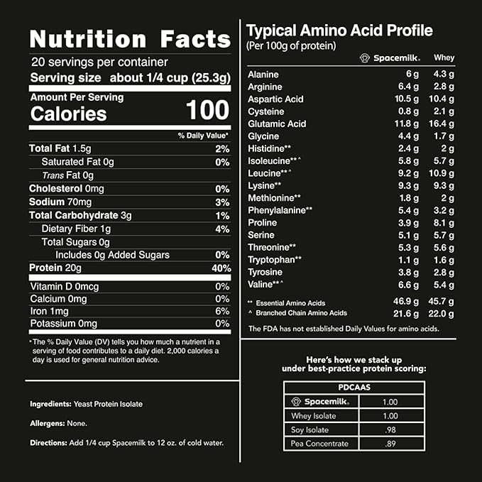 Spacemilk Unflavored Vegan Protein Powder – Pure One Ingredient Allergen-Free Gluten-Free Dairy-Free Keto Non-GMO Single-Cell Nutrition with 20g Protein &amp 4.24g BCAAs
