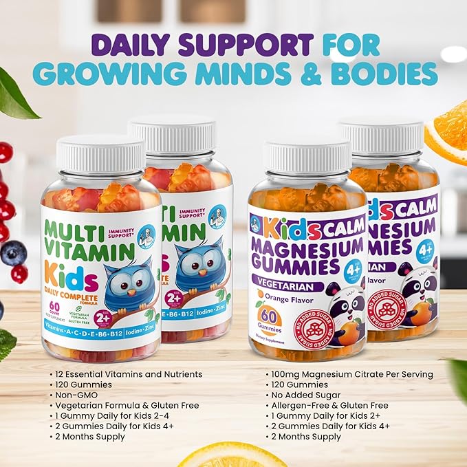 DR. MORITZ Kids Magnesium Gummies Orange Flavor (120 Count) and Kids Multivitamin Gummies (120 Count) - Relaxation &amp Health Support - Non-GMO Vegetarian Toddler Vitamins