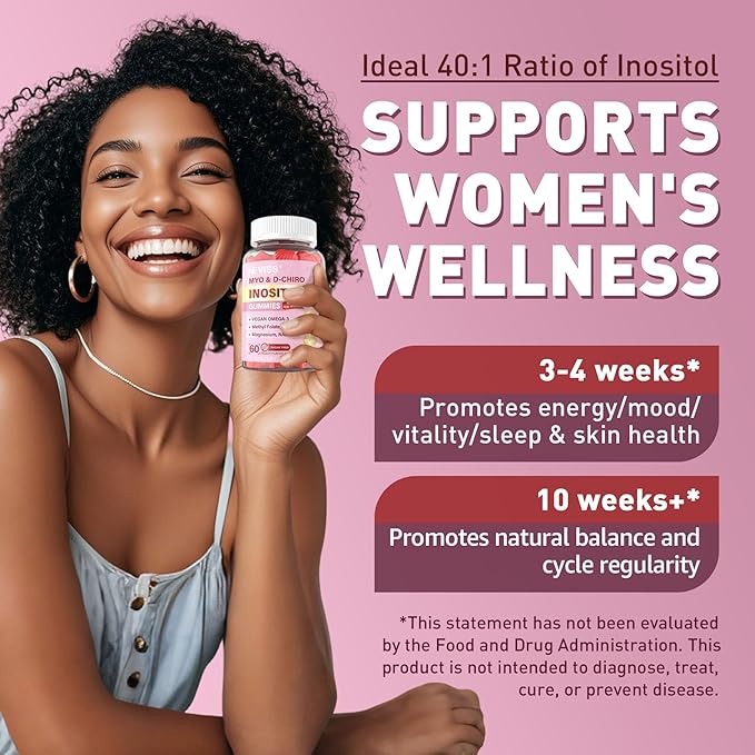 Myo-Inositol &amp D-Chiro Inositol Gummies Sugar Free Ideal 40:1 Ratio Inositol Supplement for Women w/ Vegan Omega-3 D3 Magnesium Methyl Folate B12 Inositol Multivitamin for Women's Overall He