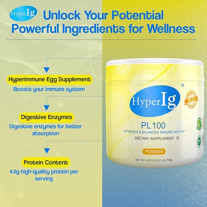 PL-100 Egg Protein Powder Hyperimmune Egg Supplement 140g – Immune Support Digestive Wellness Energy &amp Muscle Strength Gluten-Free