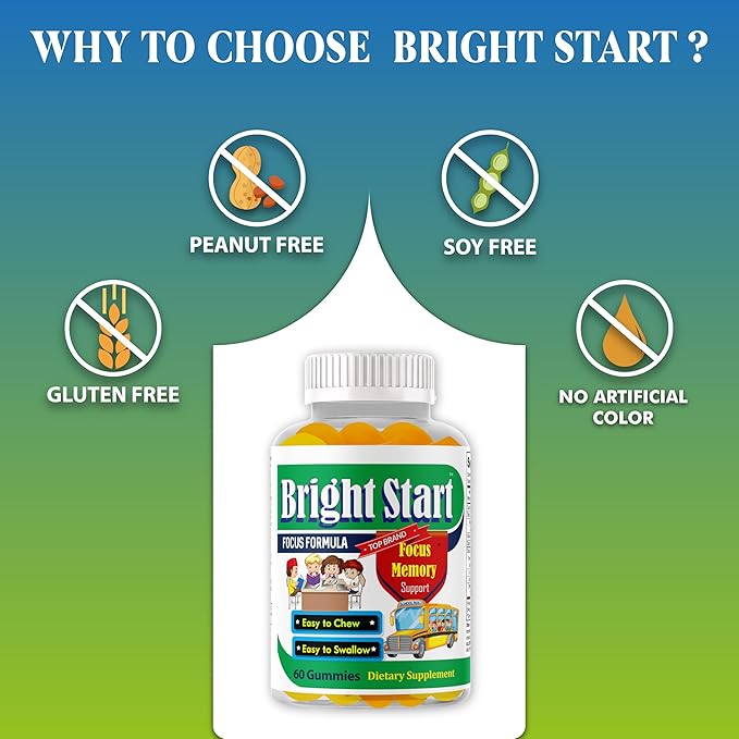 BrightStart Focus Gummies for Kids with Omega 3 EPA DHA – Brain Vitamins Supports Focus Memory &amp Attention for Children &amp Teens | Non-GMO Chewable Supplement 60 Gummies
