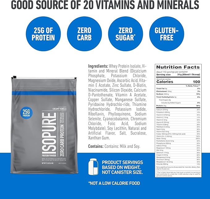 Isopure Zero Carb 100% Pure Whey Isolate Protein Powder Gluten Free With Vitamins Creamy Vanilla 25g Protein Per Serving 7.5 Lbs 110 Servings (Packaging May Vary)