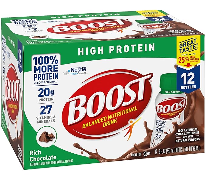 Boost High Protein Balanced Nutritional Drink Rich Chocolate Muscle Health &amp Energy with Protein Vitamins &amp Minerals 25% Less Sugars 8 FL OZ Bottles 12 CT (Pack of 1)