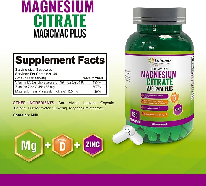 Magnesium Citrate 600mg 120 Capsules - 3-in-1 Magnesium Citrate Capsules with Vitamin D3 and Zinc Supplements - citrato de magnesio for Muscle Nerve Function Healthy Bones Teeth Fatigue/Tiredness