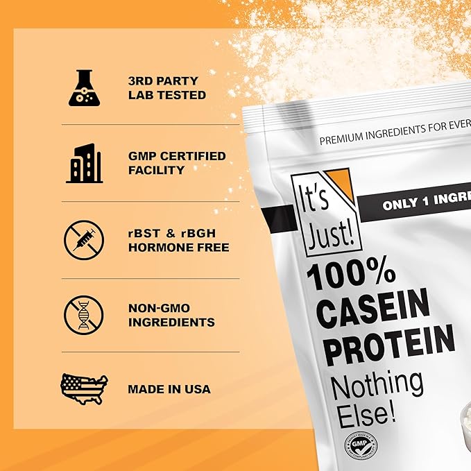 It's Just! - 100% Casein Protein Powder Made in USA One Ingredient Slow Burning Time Release 6.9g BCAAs 1g Carb Non-GMO (Unflavored 3lbs/48oz)