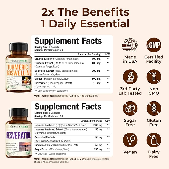 Boswellia Turmeric Curcumin Supplement + Resveratrol Japanese Knotweed Capsules Bundle – for Healthy Aging Joint &amp Cardiovascular Support – with Ginger Root Organic Tumeric Powder Green Tea Ext