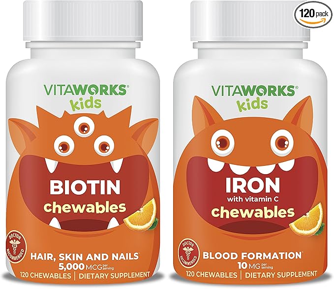 Kids Biotin 5000mcg Chewables + Iron 10mg + Vitamin C Chewables Bundle