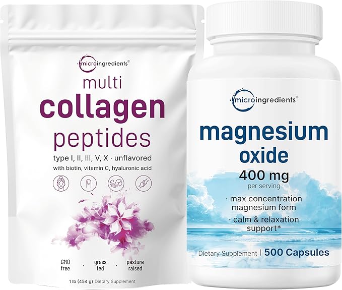 Micro Ingredients Multi Collagen Protein Powder 16oz &amp Magnesium Oxide 400mg Bundle Pack | Grass-Fed Collagen Peptides | Elemental Form for Max Concentration