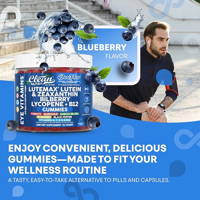 Clean Nutra Lutein and Zeaxanthin Eye Vitamins Gummies + Bilberry for Eyes Vision Support Ginkgo Biloba Marigold Vitamin B12 Flaxseed Black Pepper CoQ10 Vitamin A l 60 Count B OcuFlow