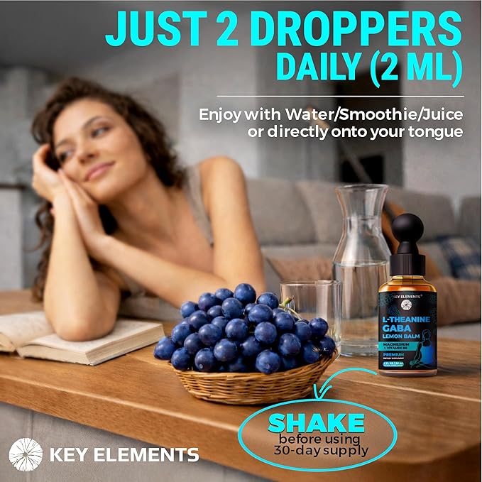 KEY ELEMENTS Liquid GABA with L Theanine Supplement | GABA 500mg and L-Theanine 200mg with Lemon Balm Extract and Magnesium with Vitamin B6