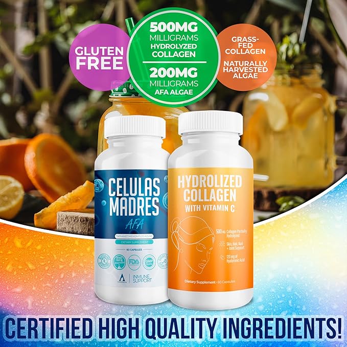 Aura Vitamin Mega Antioxidant Bundle | Hydrolyzed Collagen &amp AFA Stem Cell | Hydrolyzed Collagen with Vitamin C Aphanizomenon Flos-Aquae | Celula Madre Skin Hair and Nail Support – 60 Each Caps