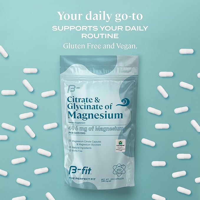 B-FIT B Glycinate &amp Citrate Magnesium + Vegan Protein - 496 mg Elemental Magnesium - High Absorption Formula - Pea Protein Powder 600g - Plant Based Protein Shake